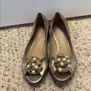 kate spade Metallic Taupe Peep-Toe  Ballet Flats with Pearl Flower Embellishment